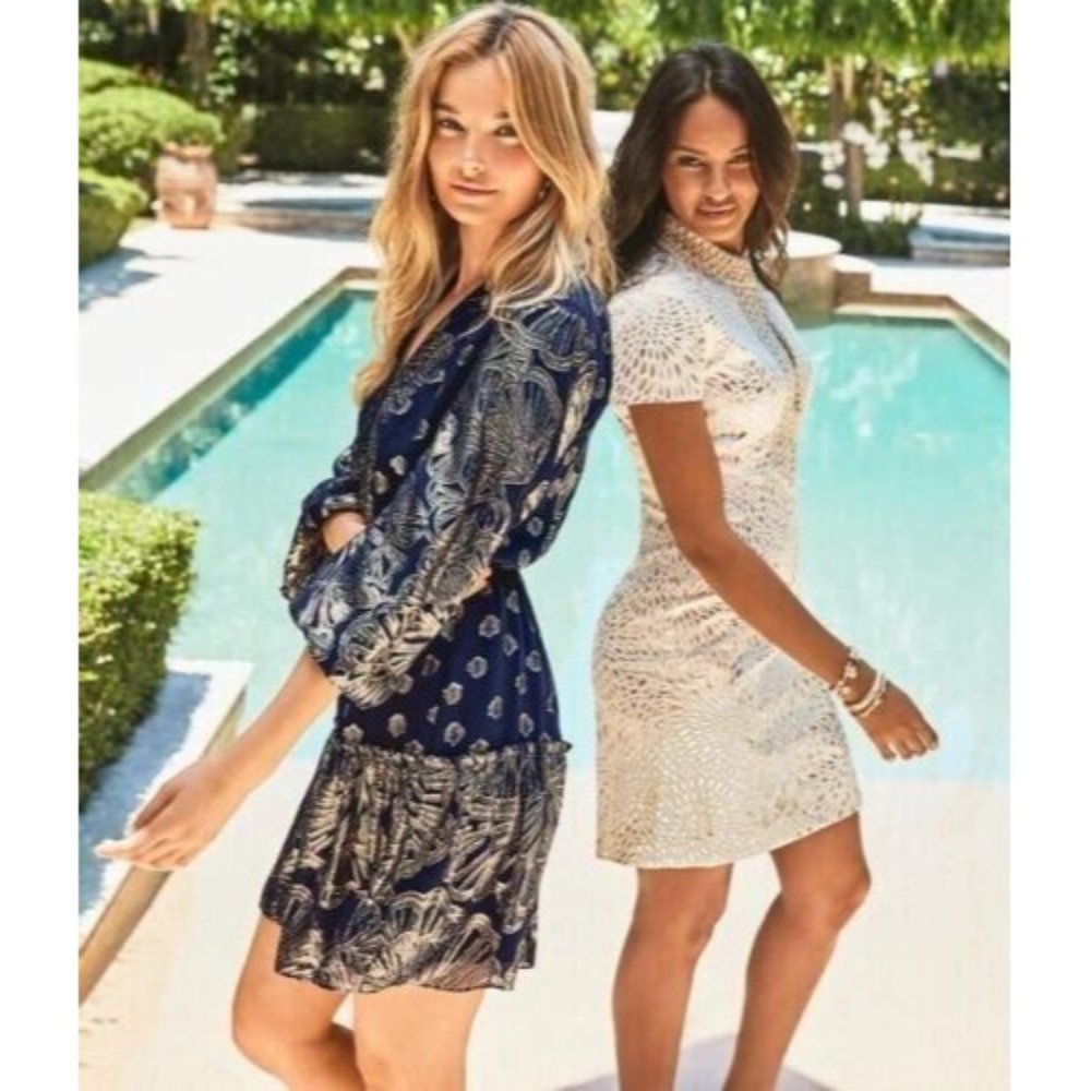 ⭐️ Lilly Pulitzer Size 6 Joella Dress Navy Blue Gold Sea Grass Silk Puff Sleeve